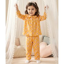 Babyhug Cotton Knit Full Sleeves Top & Pyjama Co-ord Night Suit With Floral Print - Yellow