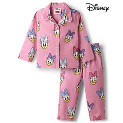 Babyhug Disney Cotton Woven Full Sleeves Shirt & Pyjama Co-ord Night Suit with Minnie Mouse Print - Pink