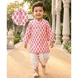 Babyhug Cotton Woven Full Sleeves Floral Printed Kurta Dhoti Set - White