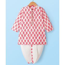 Babyhug Cotton Woven Full Sleeves Floral Printed Kurta Dhoti Set - White