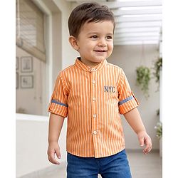 Babyhug Cotton Woven Full Sleeves Striped Shirt With NYC Embroidery - Orange