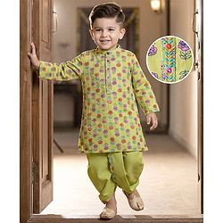 Babyhug Woven Full Sleeves Floral Printed Kurta & Dhoti Set - Green