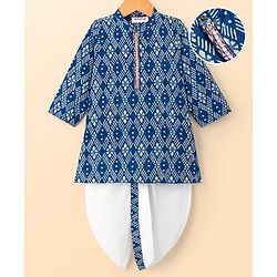 Babyhug Cotton Woven Full Sleeves Cambric Digital Printed Kurta Dhoti Set - Blue