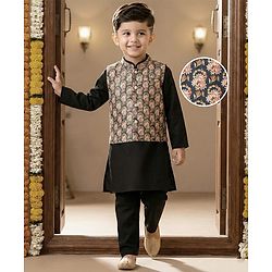 Babyhug Cotton Woven Full Sleeves Kurta Pajama Set with Digital Floral Printed Jacket - Black
