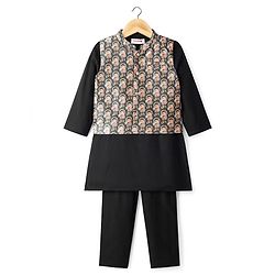 Babyhug Cotton Woven Full Sleeves Kurta Pajama Set with Digital Floral Printed Jacket - Black
