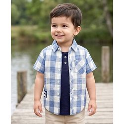 Babyhug Cotton Woven Half Sleeves Checks Shirt With Inner Tee - Blue