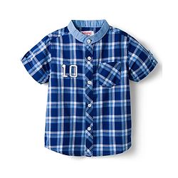 Babyhug Cotton Woven Half Sleeves Mandarin Collar Checked Shirt - Navy Blue