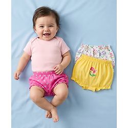 Babyhug 100% Cotton Single Jersey Knit Bloomers With Floral Print Pack Of 3 - Yellow White & Pink