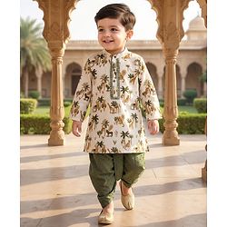 Babyhug Cotton Woven Full Sleeves Cambric Jungle Theme Digital Printed Kurta Dhoti Set - White & Green