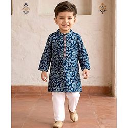Babyhug Cambric Cotton Woven Full Sleeves Kurta Pajama Set with Floral Print - Blue
