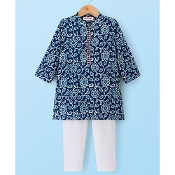 Babyhug Cambric Cotton Woven Full Sleeves Kurta Pajama Set with Floral Print - Blue