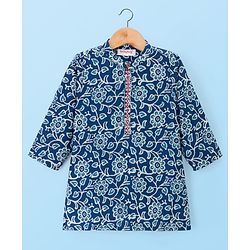 Babyhug Cambric Cotton Woven Full Sleeves Kurta Pajama Set with Floral Print - Blue