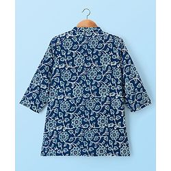 Babyhug Cambric Cotton Woven Full Sleeves Kurta Pajama Set with Floral Print - Blue