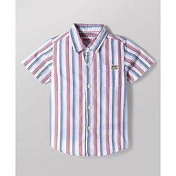 Babyhug Cotton Woven Half Sleeves Striped Shirt with Boat Printed T-Shirt- White