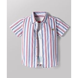 Babyhug Cotton Woven Half Sleeves Striped Shirt with Boat Printed T-Shirt- White