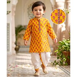 Babyhug Cotton Woven Full Sleeves Cambric Floral Printed Kurta Dhoti Set - Yellow