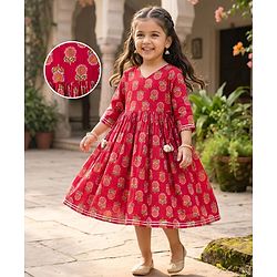 Babyhug Cotton Woven Three Fourth Sleeves Ethnic Dress with Floral Print - Red