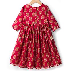 Babyhug Cotton Woven Three Fourth Sleeves Ethnic Dress with Floral Print - Red