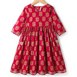 Babyhug Cotton Woven Three Fourth Sleeves Ethnic Dress with Floral Print - Red