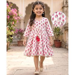 Babyhug Cotton Woven Three Fourth Sleeves Floral Printed Ethnic Dress - White