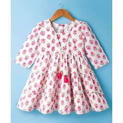 Babyhug Cotton Woven Three Fourth Sleeves Floral Printed Ethnic Dress - White