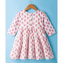 Babyhug Cotton Woven Three Fourth Sleeves Floral Printed Ethnic Dress - White