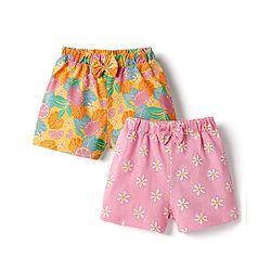 Babyhug Single Jersey Knit Mid Thigh Shorts with Floral Print & Bow Applique Pack of 2 - Multicolor