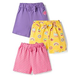 Babyhug Single Jersey Knit Mid Thigh Printed Shorts with Bow Applique Pack of 3 - Multicolor