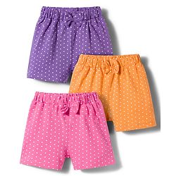Babyhug Single Jersey Knit Mid Thigh Polka Dots Printed Shorts With Bow Applique Pack Of 3 - Multicolour