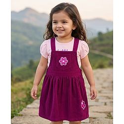 Babyhug Cotton Woven Half Sleeves Pinafore Frock with Inner Tee & Little and Loved Print - Light Purple & Wine