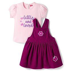 Babyhug Cotton Woven Half Sleeves Pinafore Frock with Inner Tee & Little and Loved Print - Light Purple & Wine