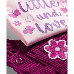 Babyhug Cotton Woven Half Sleeves Pinafore Frock with Inner Tee & Little and Loved Print - Light Purple & Wine