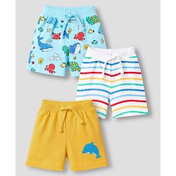 Babyhug Single Jersey Knit Mid Thigh Striped & Sea Life Printed Shorts Pack Of 3 - Multicolor