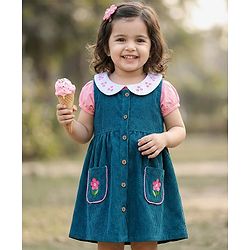 Babyhug 100% Cotton Woven Floral Embroidered Frock With Inner Tee - Navy Blue & Pink