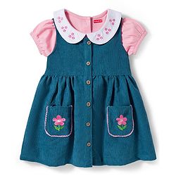 Babyhug 100% Cotton Woven Floral Embroidered Frock With Inner Tee - Navy Blue & Pink