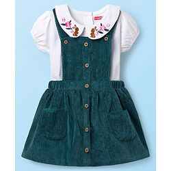 Babyhug 100% Cotton Woven Half Sleeves Knee Length Frock With Floral Embroidered Inner Tee - Green