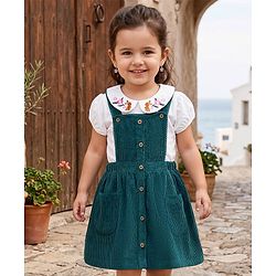 Babyhug 100% Cotton Woven Half Sleeves Knee Length Frock With Floral Embroidered Inner Tee - Green