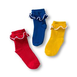 Cute Walk By Babyhug Ankle Length Solid Color Socks with Frill Detailing Pack of 3 - Red Blue & Yellow
