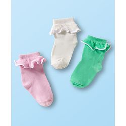 Cute Walk By Babyhug Ankle Length Solid Color Socks with Frill Detailing Pack of 3 - Green Pink & White