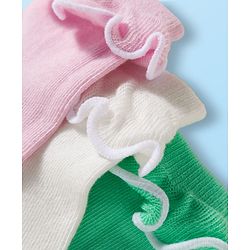 Cute Walk By Babyhug Ankle Length Solid Color Socks with Frill Detailing Pack of 3 - Green Pink & White