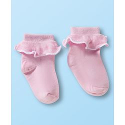 Cute Walk By Babyhug Ankle Length Solid Color Socks with Frill Detailing Pack of 3 - Green Pink & White