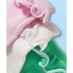 Cute Walk By Babyhug Ankle Length Solid Color Socks with Frill Detailing Pack of 3 - Green Pink & White