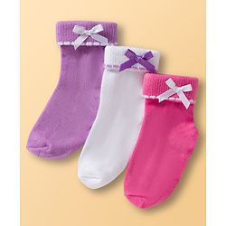 Cute Walk By Babyhug Ankle Length Solid Color Socks Pack of 3 - White Pink & Purple