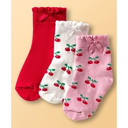 Cute Walk By Babyhug Knit Ankle Length Socks with Cherry Design Pack of 3 - Red Pink & White
