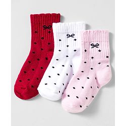 Cute Walk By Babyhug Knit Ankle Length Socks with Bow Design Pack of 3 - Red White & Pink