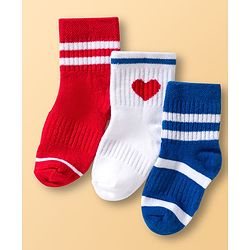 Cute Walk By Babyhug Ankle Length Solid Color Socks with Stripes Pack of 3 - Red White & Blue