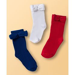 Cute Walk by Babyhug Ankle Length Solid Colour Socks with Bow Design Pack of 3 - Red White & Navy