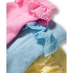 Cute Walk By Babyhug Ankle Length Solid Color Socks with Lace Detailing Pack of 3 - Yellow Light Blue & Pink
