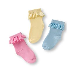 Cute Walk By Babyhug Ankle Length Solid Color Socks with Lace Detailing Pack of 3 - Yellow Light Blue & Pink