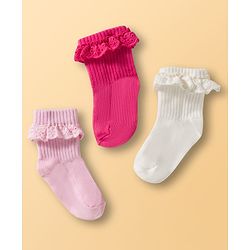 Cute Walk by Babyhug Ankle Length Solid Colour Socks with Lace  Design Pack of 3 - Pink White & Red